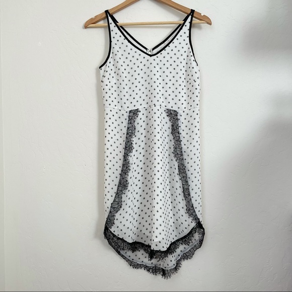 BCBGeneration Y2K Lace Trimmed Casual White Black Dot Sleeveless Mini Dress - Picture 3 of 14